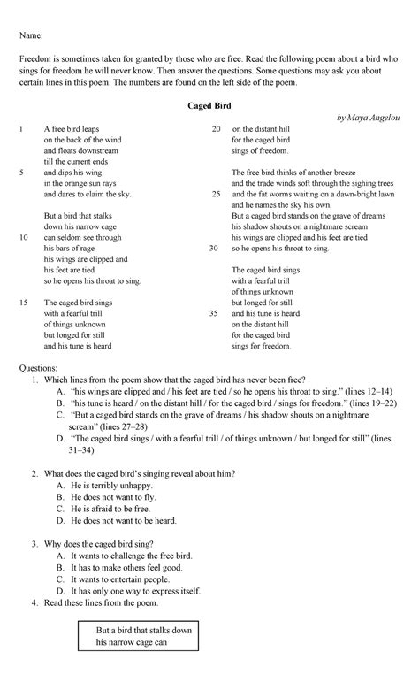 455659189 Caged Bird Poem Analysis Worksheet for Grade 10 - Studocu