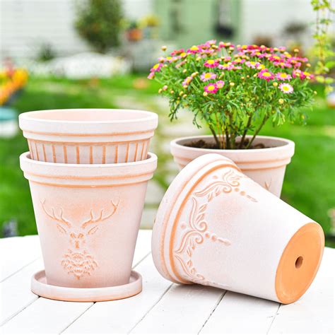 Sungmor Set of 3 Terra Cotta Pots with Saucer & Drainage Hole, 8 Inch ...