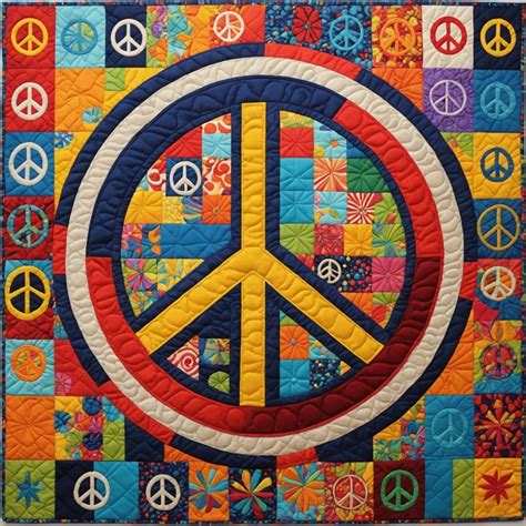 quilted art of 60s peace sign by mixing different kind of fabrics, - AI ...