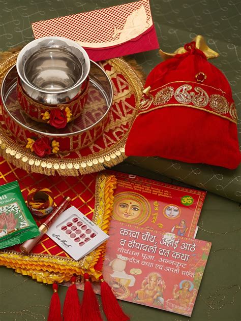 Buy | Red Karwachauth Thali Set With Cover & Pooja Samagri | Tied Ribbons