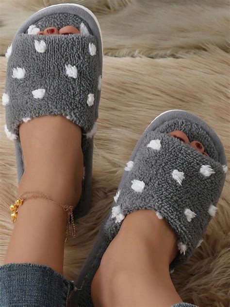 Women's Thick-Sole Contrast Chenille Gray Faux Fur Slippers, Warm ...