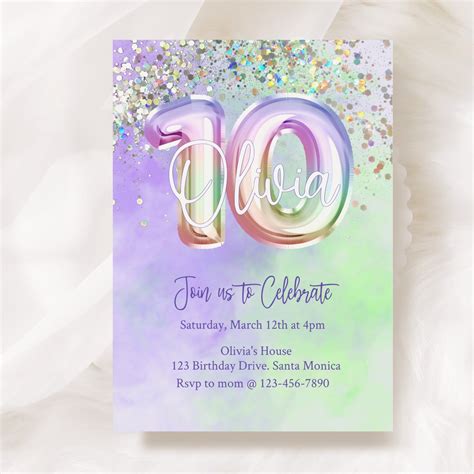 Editable tenth birthday 10th birthday invitation holographic birthday ...