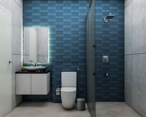 Contemporary Small Bathroom Design With Grey And Blue Tiles | Livspace