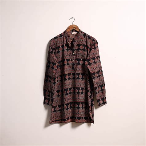 Black Hand Block Print Natural Dyed Cotton Short Ajrakh Kurta for Men