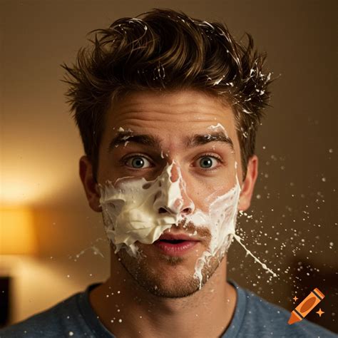 Photorealistic close-up of a surprised young man with whipped cream ...