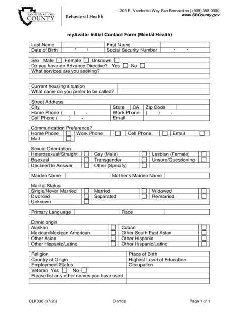 Fillable Online myAvatar Initial Contact Form (Mental Health) Last Name ...