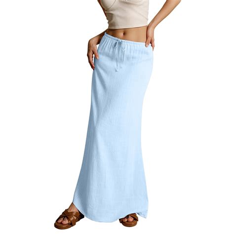 Biziza Solid Color Linen Skirt for Women Summer Basic Low Waisted Beach ...