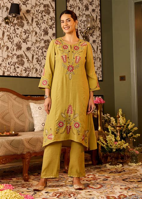 Noorain Pista Green Embroidered Cotton Linen Co-ord Set for Women ...