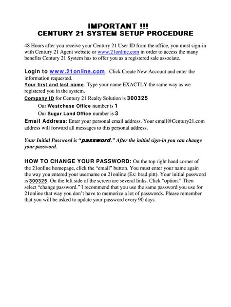 Fillable Online CENTURY 21 SYSTEM SETUP PROCEDURE Fax Email Print ...