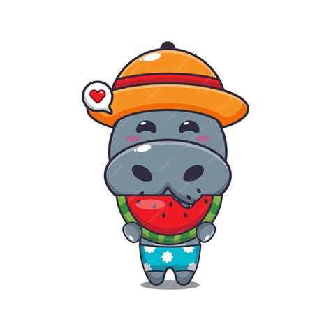 Premium Vector | Cute hippo eating fresh watermelon cartoon ...