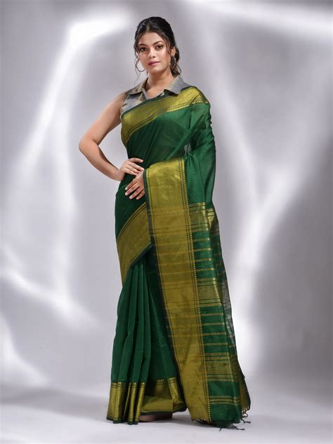 Green Cotton Blend Handwoven Soft Saree With Temple Border – Charukriti
