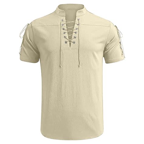 RYRJJ Men's Cotton Linen Henley Shirts Short Sleeve Casual Lace-Up ...