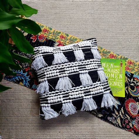Handwoven Black and White Tufted Boho Cushion Cover | Handcrafted ...