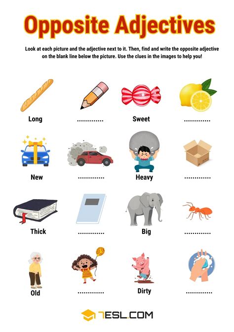 Opposite Adjectives Worksheets for English Learners • 7ESL