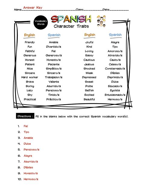Spanish Character Traits Vocabulary Word List Worksheet & Answer Key ...