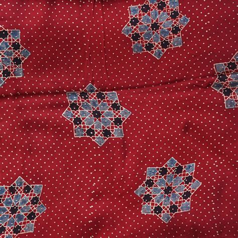 Modal Silk Ajrak Rust Red With Blue Star Motif Hand Block Print Fabric ...