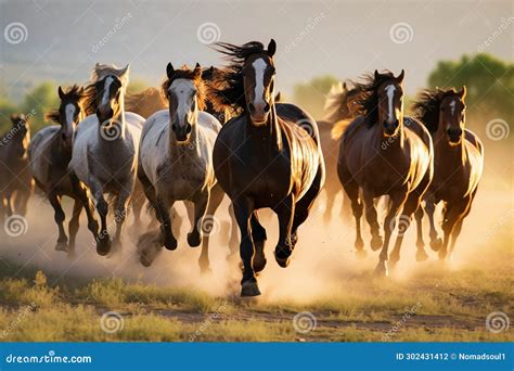 Herd of Horses Running in Field Together. Generative AI Stock Photo ...