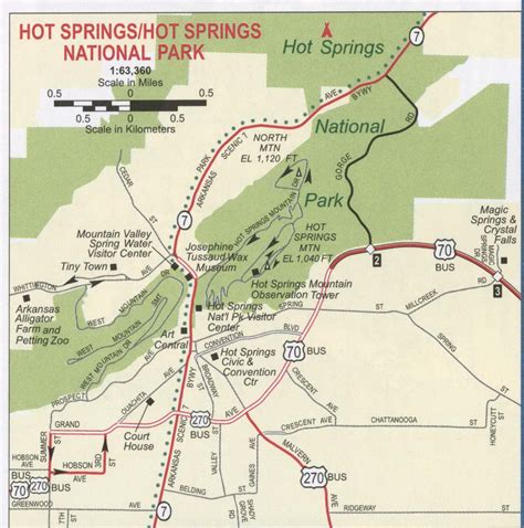 Map of Hot Springs National Park in Arizona, roads and paths, recreation areas