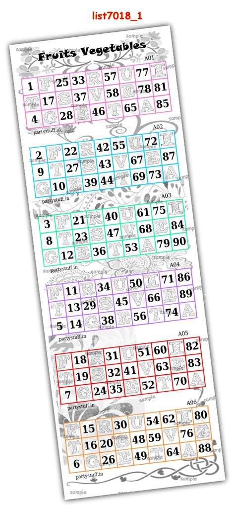 kukuba grid | Tambola Housie | Fruits Vegetables Designs