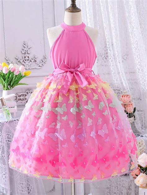 SHEIN Tween Girl Butterfly Appliques Mesh Overlay Halter Dress | SHEIN USA