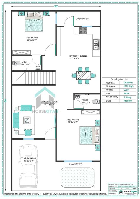 25X50 West Facing 3BHK First Floor House Plan | 1250 Sqft Plot Floor Plan