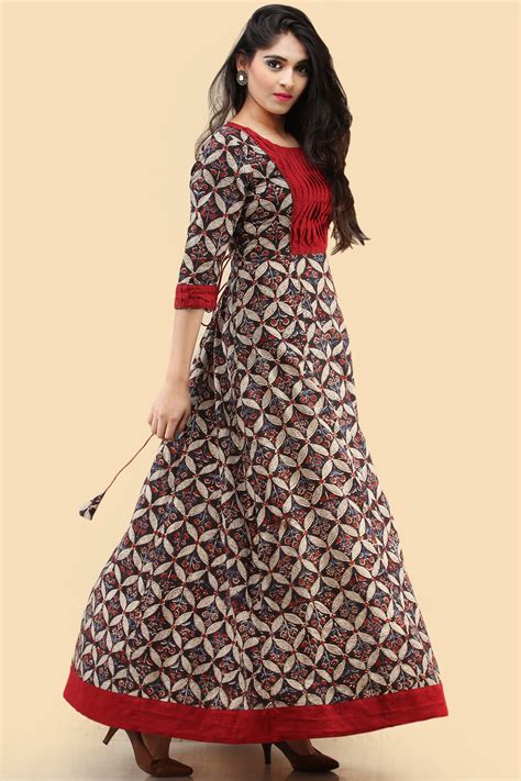 Saima - Hand Block Printed Long Cotton Dress With Back Knots - D162F20 ...