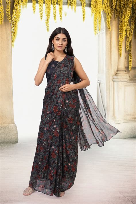 Black Floral Printed Sequined Pre-draped Georgette Saree with Blouse ...