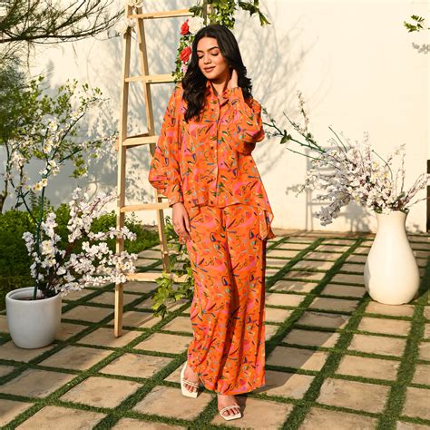 Mandarin Designer Georgette Orange Co-Ord Set For Women Online – Ordinaree