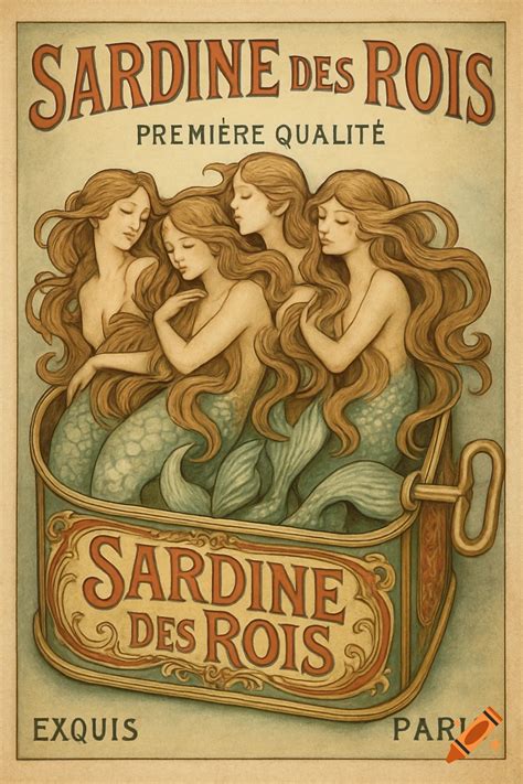 Vintage Art Nouveau illustration of four mermaids with flowing hair and shimmering tails curled ...