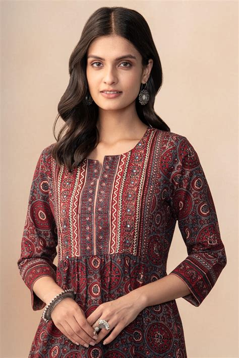 Buy Ajrak Hand Block Printed A-Line Cotton Kurta for Women | FGMK22-213 ...