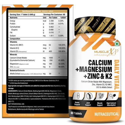 Buy MuscleXP Calcium + Magnesium + Zinc & K2-mk7 Daily Vital Tablets Online
