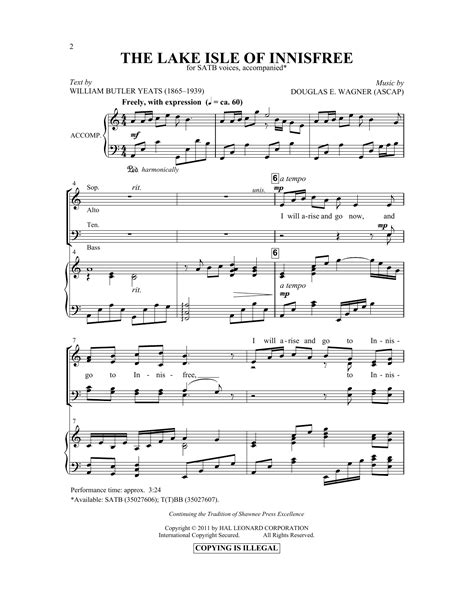 The Lake Isle Of Innisfree by Douglas E. Wagner Sheet Music for SATB ...