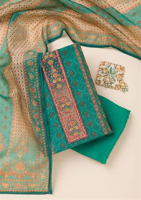 Buy Peacock Green Printed Chanderi Unstitched Salwar Suit - Koskii