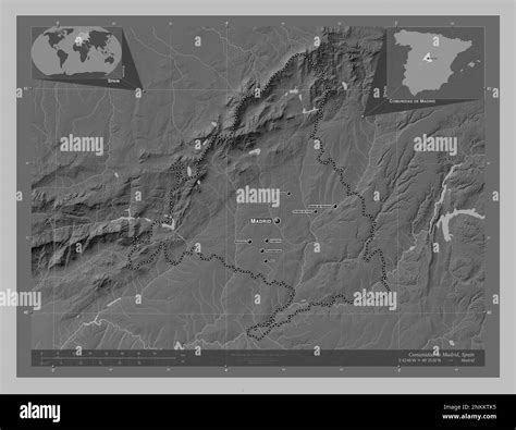 Comunidad de Madrid, autonomous community of Spain. Grayscale elevation ...