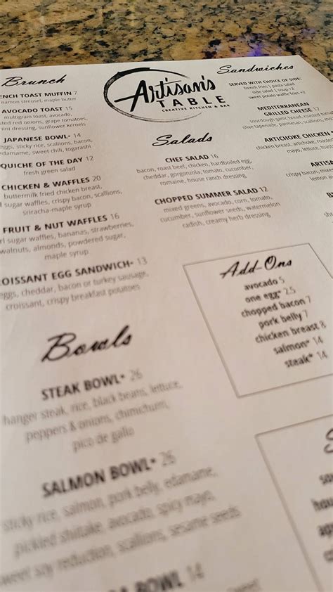 Menu at Artisan's Table restaurant, Orlando
