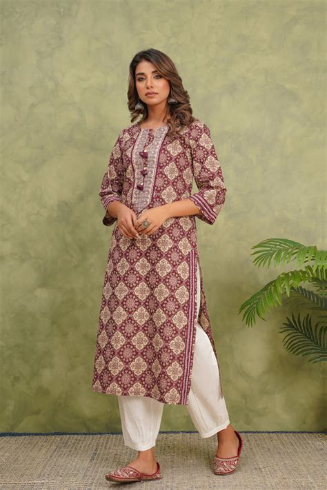 Wine Geometric Printed Cotton Kurta – Inhabit Store