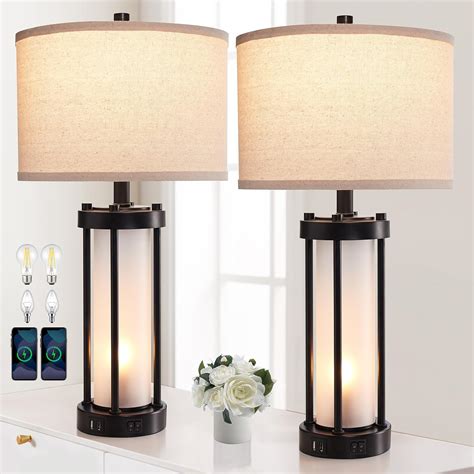 RORIA Set of 2 Modern Table Lamps for Living Room with 2 USB Ports ...