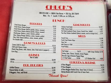 Menu at Chuck's restaurant, Elk City