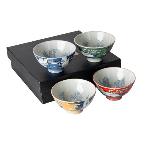 Authentic Japanese Rice Bowl Set 4 Piece Japanese Crane Design 4.5 Inch ...
