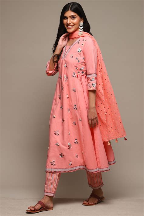 Pink Cotton Gathered Kurta Pant Suit Set