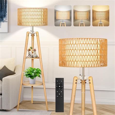 Boho Rattan Tripod Floor Lamp with Shelves, Dimmable Mid Century Modern ...