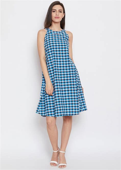 Get Blue Gingham Check Halter Neck Dress at ₹ 799 | LBB Shop