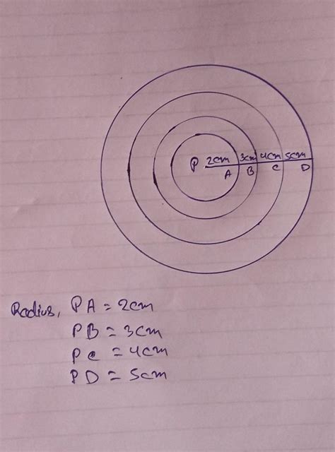 Draw four circles of radius 2cm, 3cm, 4cm and 5cm with the same center ...