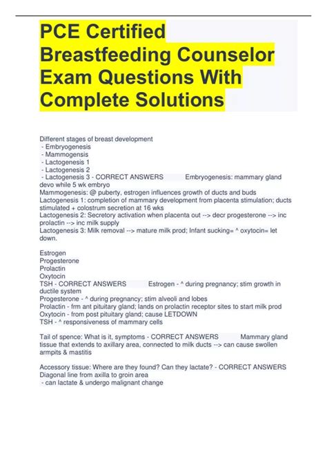 PCE Certified Breastfeeding Counselor Exam Questions With Complete ...