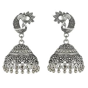 Buy Spargz Peacock Style Oxidized Silver Plated Jhumki Earrings at ...