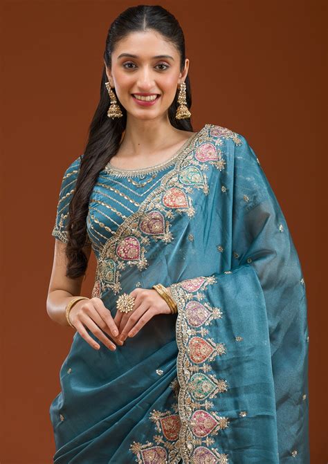 Buy Peacock Blue Zariwork Tissue Saree - Koskii