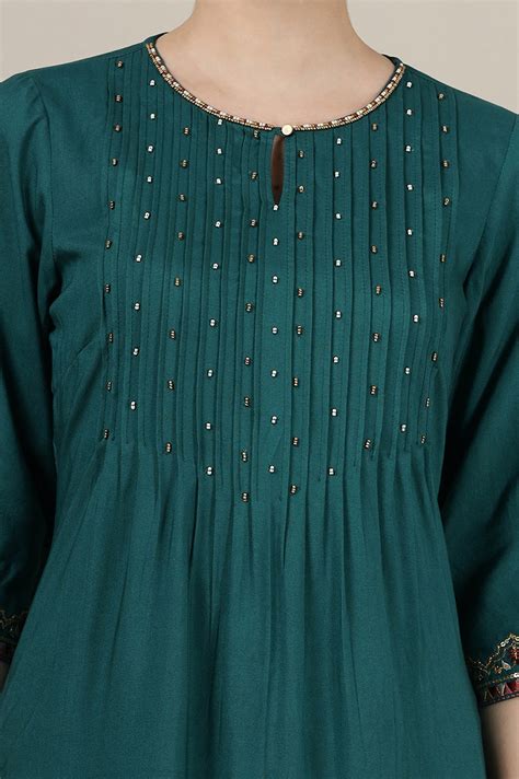 Buy Emerald Green Sequined & Embroidered Straight Kurta with Pleated ...