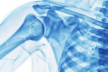 A highresolution bluetinted xray image of a shoulder showcasing ...