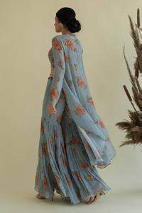 Buy Blue Viscose V Neck Floral Print Cape And Gharara Set For Women by ...