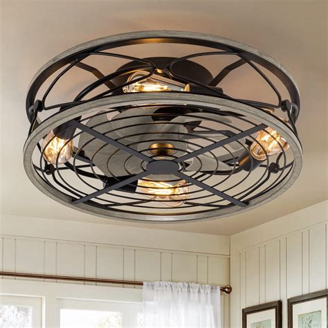 Buy Caged Ceiling Fan With Light, 20'' Industrial Bladeless Low Profile ...